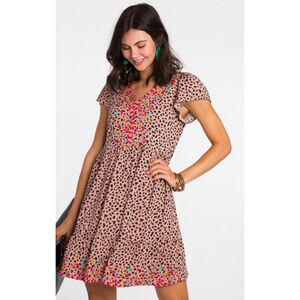 Savanna Jane Animal Print Floral Embroidered Tiered Ruffle Dress Small Bohemian